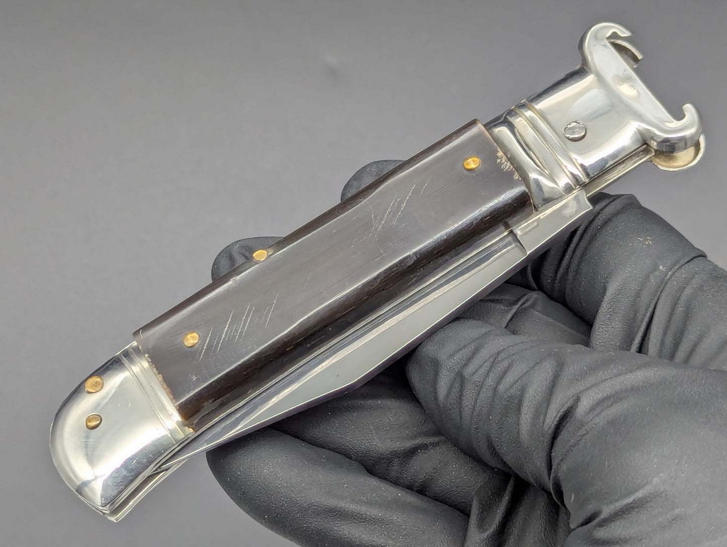 VINTAGE BUFFALO HORN ITALIAN SHELL PULLER SWITCHBLADE KNIFE