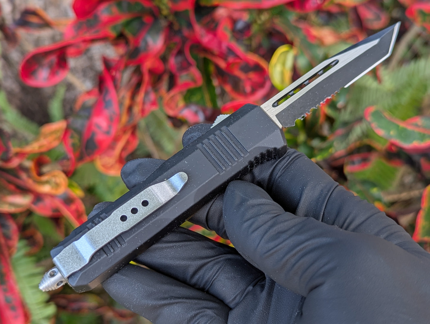 7" Black Mini Tanto Serrated D/A OTF Knife